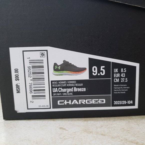 NEW Under Armour Charged Breeze Men's 3025129-104 Size 9.5 Grey/White/Green/Oran - Picture 10 of 10